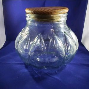 Rare Vintage potbelly Pumpkin clear Glass Jar with Wood Lid